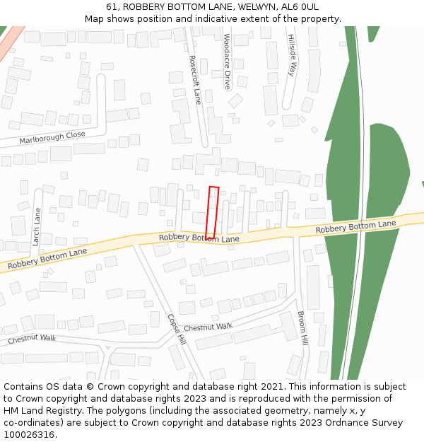 61, ROBBERY BOTTOM LANE, WELWYN, AL6 0UL: Location map and indicative extent of plot
