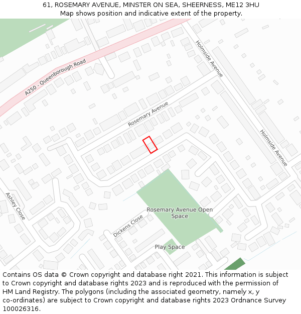 61, ROSEMARY AVENUE, MINSTER ON SEA, SHEERNESS, ME12 3HU: Location map and indicative extent of plot