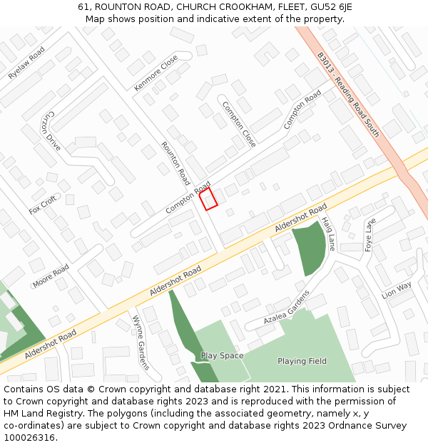 61, ROUNTON ROAD, CHURCH CROOKHAM, FLEET, GU52 6JE: Location map and indicative extent of plot