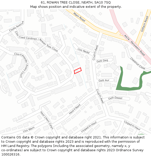 61, ROWAN TREE CLOSE, NEATH, SA10 7SQ: Location map and indicative extent of plot