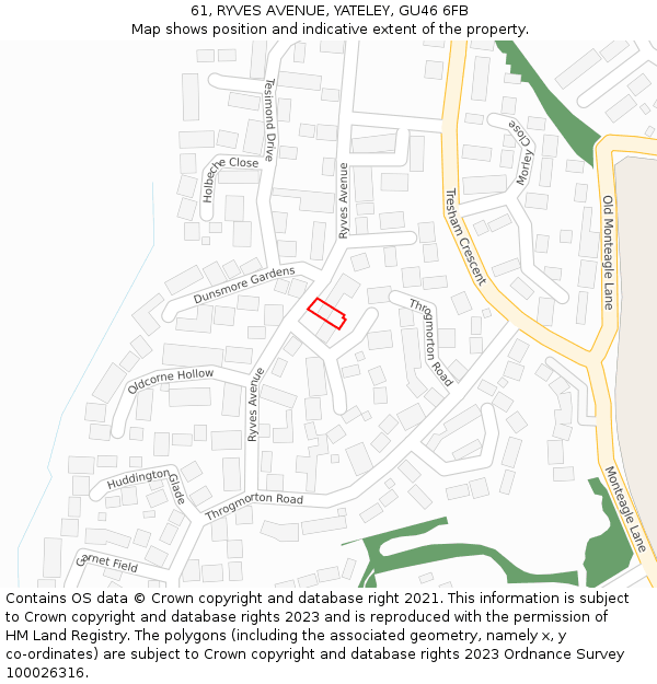 61, RYVES AVENUE, YATELEY, GU46 6FB: Location map and indicative extent of plot