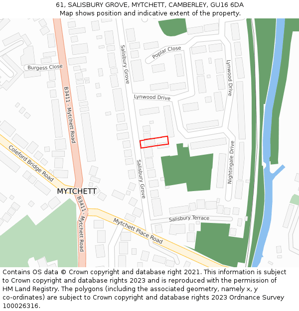 61, SALISBURY GROVE, MYTCHETT, CAMBERLEY, GU16 6DA: Location map and indicative extent of plot