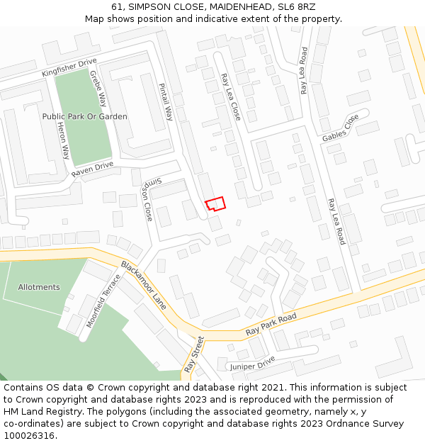 61, SIMPSON CLOSE, MAIDENHEAD, SL6 8RZ: Location map and indicative extent of plot