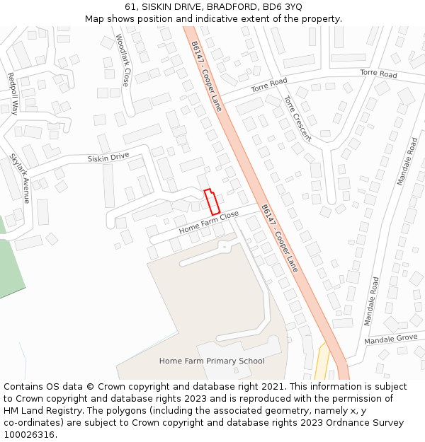 61, SISKIN DRIVE, BRADFORD, BD6 3YQ: Location map and indicative extent of plot