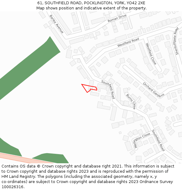 61, SOUTHFIELD ROAD, POCKLINGTON, YORK, YO42 2XE: Location map and indicative extent of plot