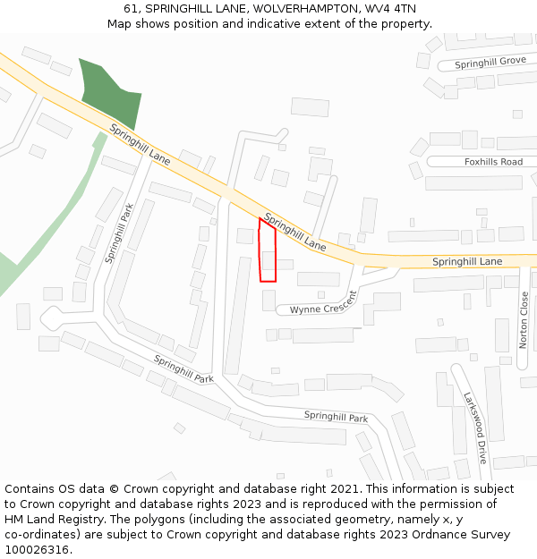 61, SPRINGHILL LANE, WOLVERHAMPTON, WV4 4TN: Location map and indicative extent of plot