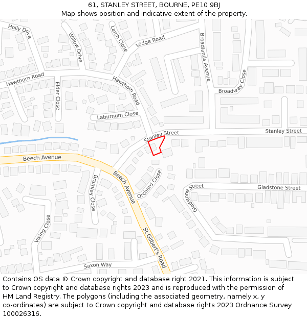 61, STANLEY STREET, BOURNE, PE10 9BJ: Location map and indicative extent of plot