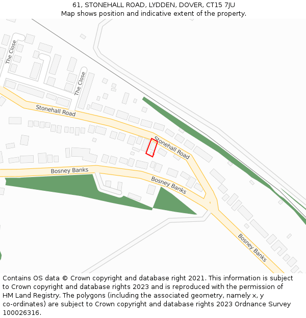 61, STONEHALL ROAD, LYDDEN, DOVER, CT15 7JU: Location map and indicative extent of plot