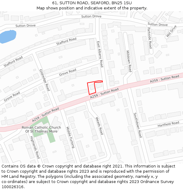 61, SUTTON ROAD, SEAFORD, BN25 1SU: Location map and indicative extent of plot