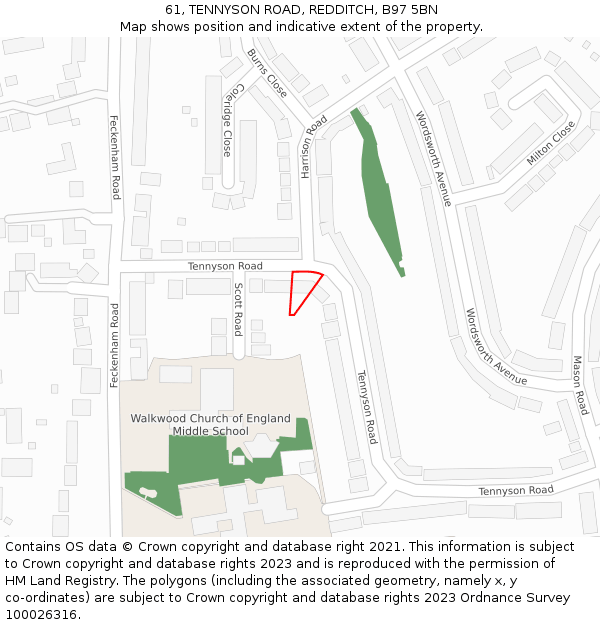 61, TENNYSON ROAD, REDDITCH, B97 5BN: Location map and indicative extent of plot