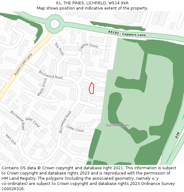61, THE PINES, LICHFIELD, WS14 9XA: Location map and indicative extent of plot