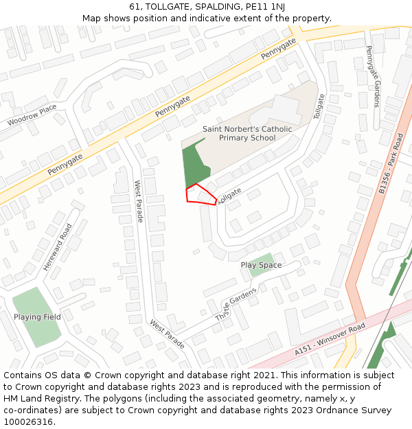 61, TOLLGATE, SPALDING, PE11 1NJ: Location map and indicative extent of plot