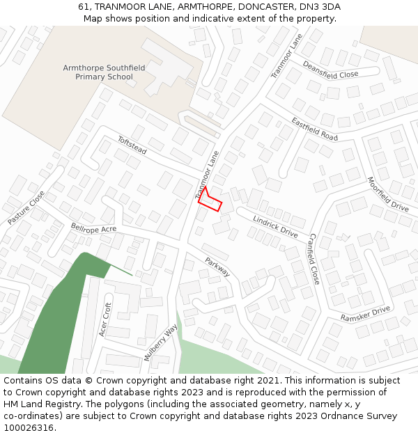 61, TRANMOOR LANE, ARMTHORPE, DONCASTER, DN3 3DA: Location map and indicative extent of plot