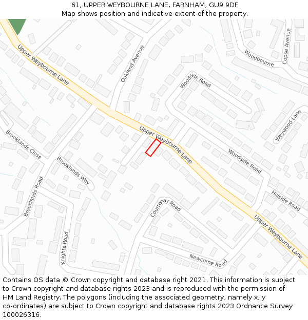 61, UPPER WEYBOURNE LANE, FARNHAM, GU9 9DF: Location map and indicative extent of plot