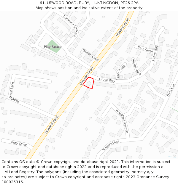 61, UPWOOD ROAD, BURY, HUNTINGDON, PE26 2PA: Location map and indicative extent of plot