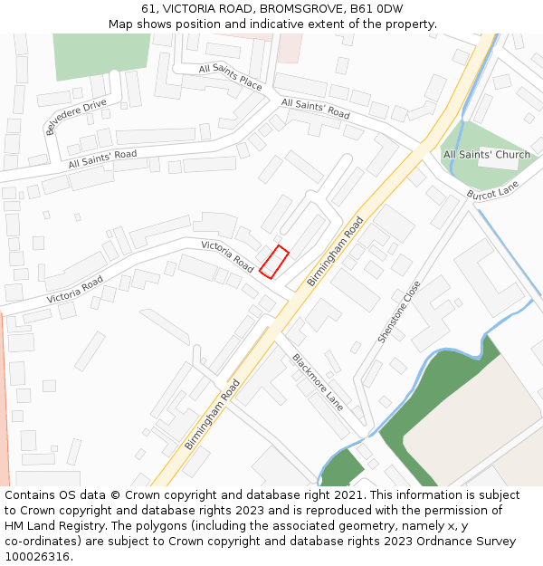 61, VICTORIA ROAD, BROMSGROVE, B61 0DW: Location map and indicative extent of plot