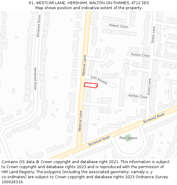 61, WESTCAR LANE, HERSHAM, WALTON-ON-THAMES, KT12 5ES: Location map and indicative extent of plot