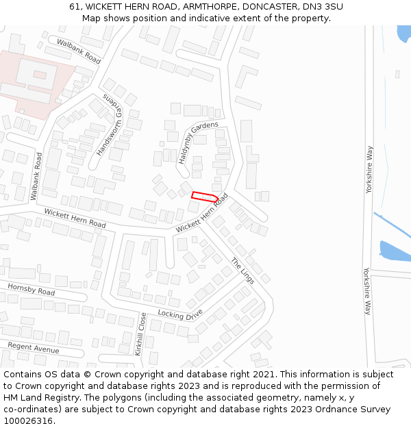 61, WICKETT HERN ROAD, ARMTHORPE, DONCASTER, DN3 3SU: Location map and indicative extent of plot