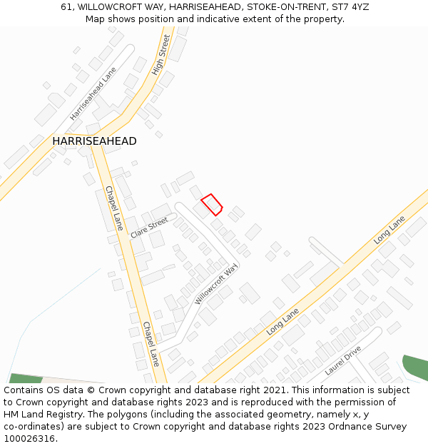 61, WILLOWCROFT WAY, HARRISEAHEAD, STOKE-ON-TRENT, ST7 4YZ: Location map and indicative extent of plot