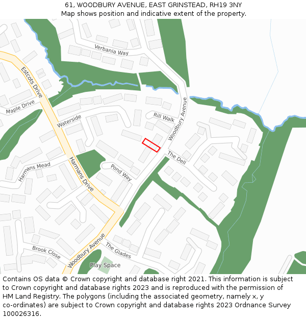 61, WOODBURY AVENUE, EAST GRINSTEAD, RH19 3NY: Location map and indicative extent of plot