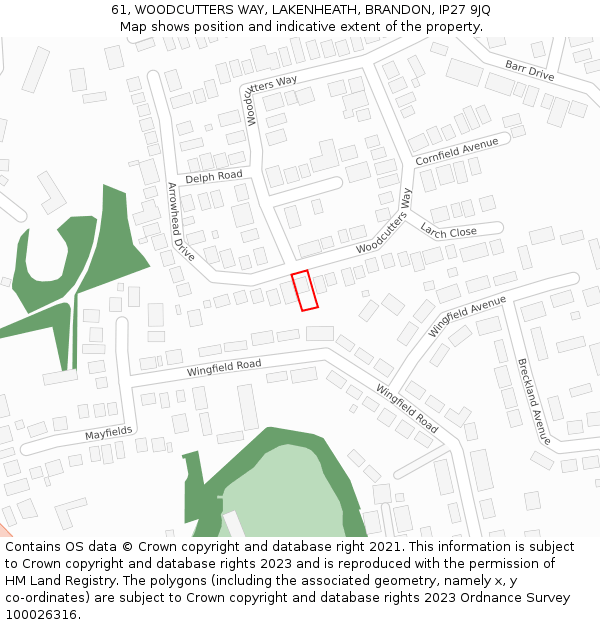 61, WOODCUTTERS WAY, LAKENHEATH, BRANDON, IP27 9JQ: Location map and indicative extent of plot