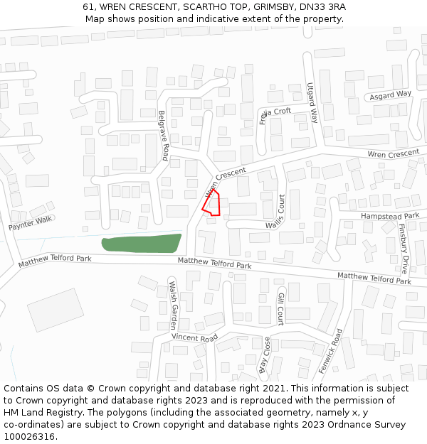 61, WREN CRESCENT, SCARTHO TOP, GRIMSBY, DN33 3RA: Location map and indicative extent of plot