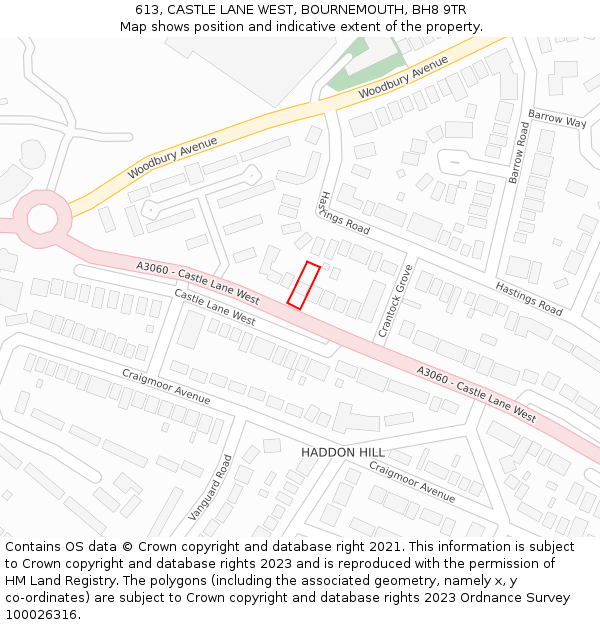 613, CASTLE LANE WEST, BOURNEMOUTH, BH8 9TR: Location map and indicative extent of plot