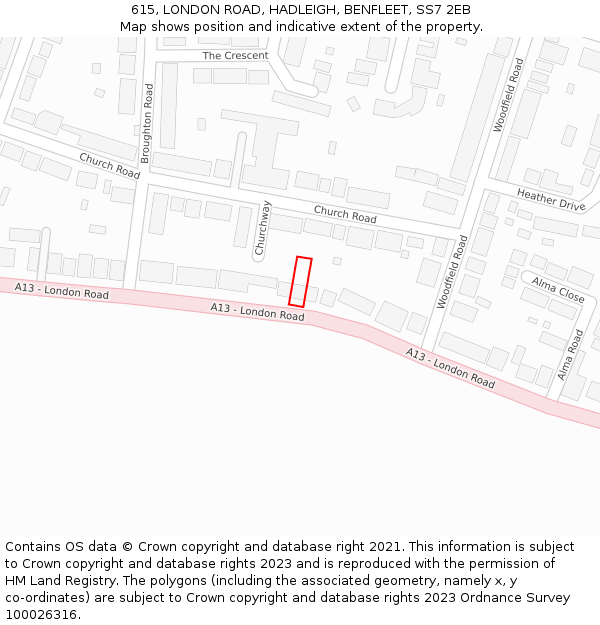 615, LONDON ROAD, HADLEIGH, BENFLEET, SS7 2EB: Location map and indicative extent of plot