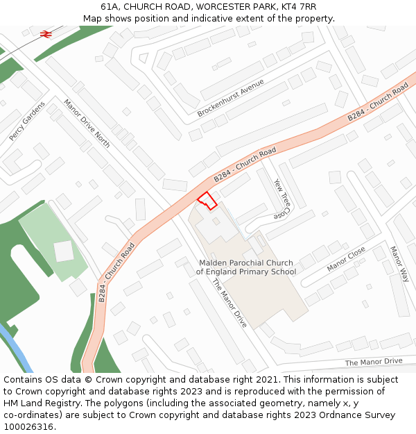 61A, CHURCH ROAD, WORCESTER PARK, KT4 7RR: Location map and indicative extent of plot