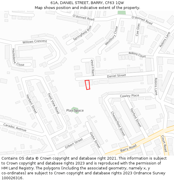 61A, DANIEL STREET, BARRY, CF63 1QW: Location map and indicative extent of plot