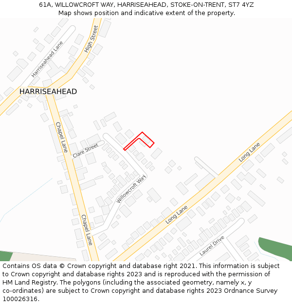 61A, WILLOWCROFT WAY, HARRISEAHEAD, STOKE-ON-TRENT, ST7 4YZ: Location map and indicative extent of plot