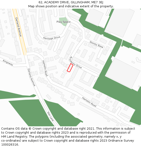 62, ACADEMY DRIVE, GILLINGHAM, ME7 3EJ: Location map and indicative extent of plot