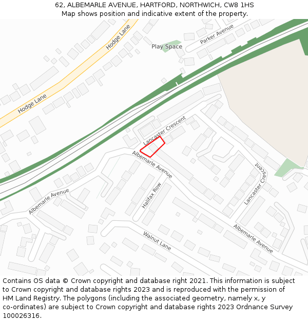 62, ALBEMARLE AVENUE, HARTFORD, NORTHWICH, CW8 1HS: Location map and indicative extent of plot