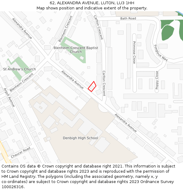 62, ALEXANDRA AVENUE, LUTON, LU3 1HH: Location map and indicative extent of plot