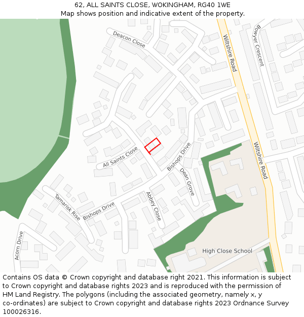 62, ALL SAINTS CLOSE, WOKINGHAM, RG40 1WE: Location map and indicative extent of plot