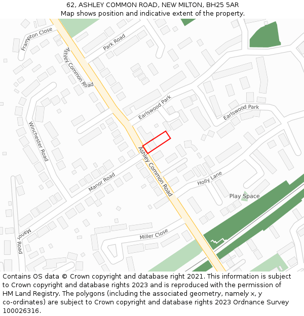 62, ASHLEY COMMON ROAD, NEW MILTON, BH25 5AR: Location map and indicative extent of plot