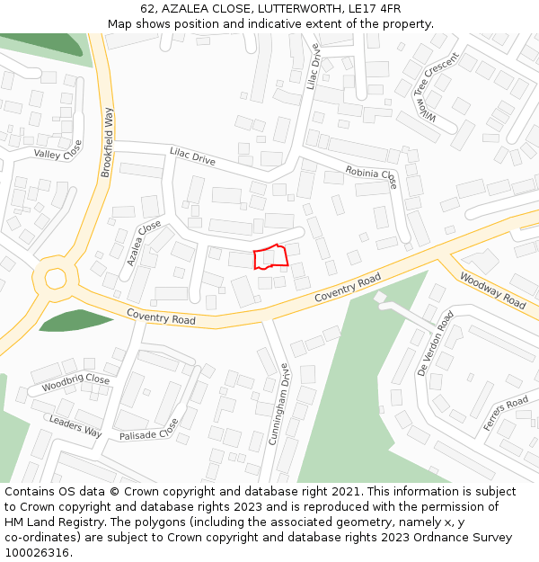 62, AZALEA CLOSE, LUTTERWORTH, LE17 4FR: Location map and indicative extent of plot