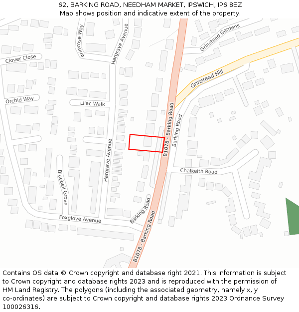 62, BARKING ROAD, NEEDHAM MARKET, IPSWICH, IP6 8EZ: Location map and indicative extent of plot