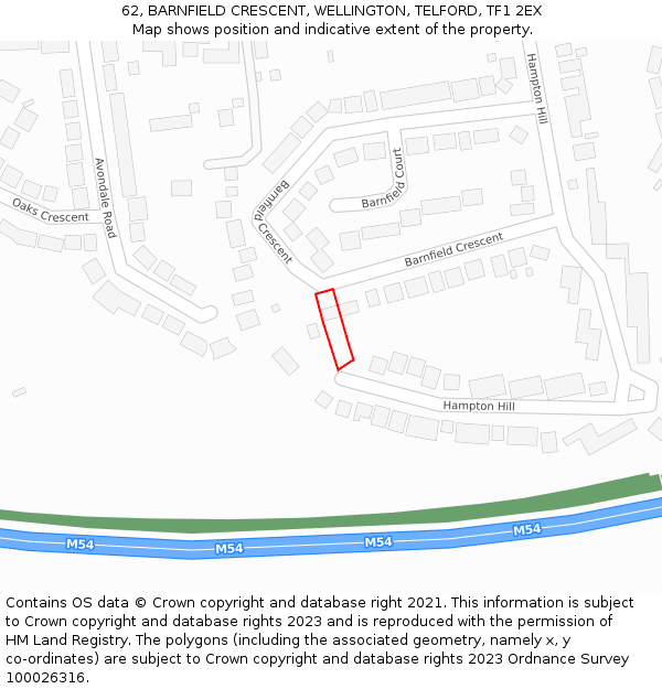 62, BARNFIELD CRESCENT, WELLINGTON, TELFORD, TF1 2EX: Location map and indicative extent of plot