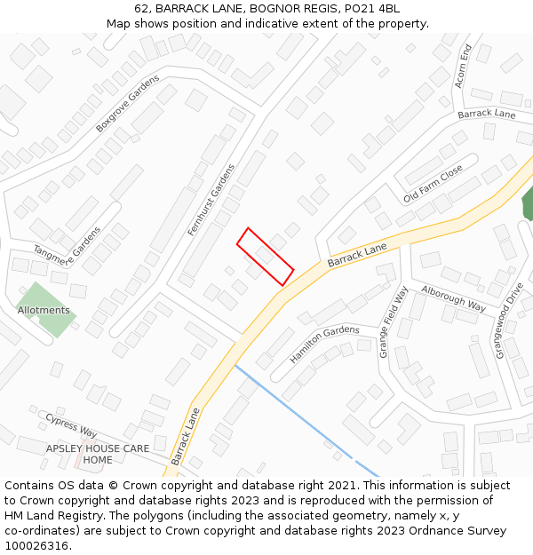 62, BARRACK LANE, BOGNOR REGIS, PO21 4BL: Location map and indicative extent of plot