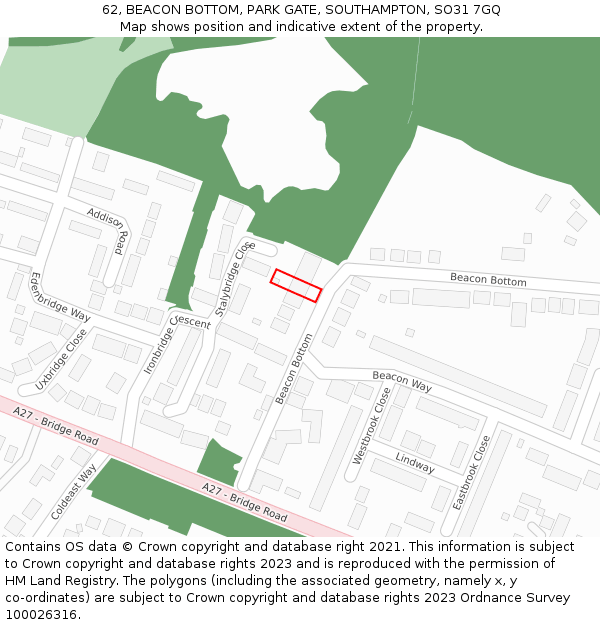 62, BEACON BOTTOM, PARK GATE, SOUTHAMPTON, SO31 7GQ: Location map and indicative extent of plot