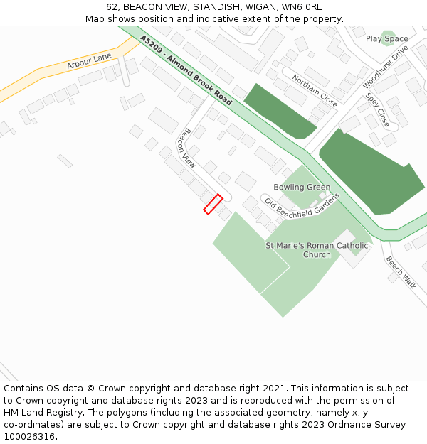 62, BEACON VIEW, STANDISH, WIGAN, WN6 0RL: Location map and indicative extent of plot