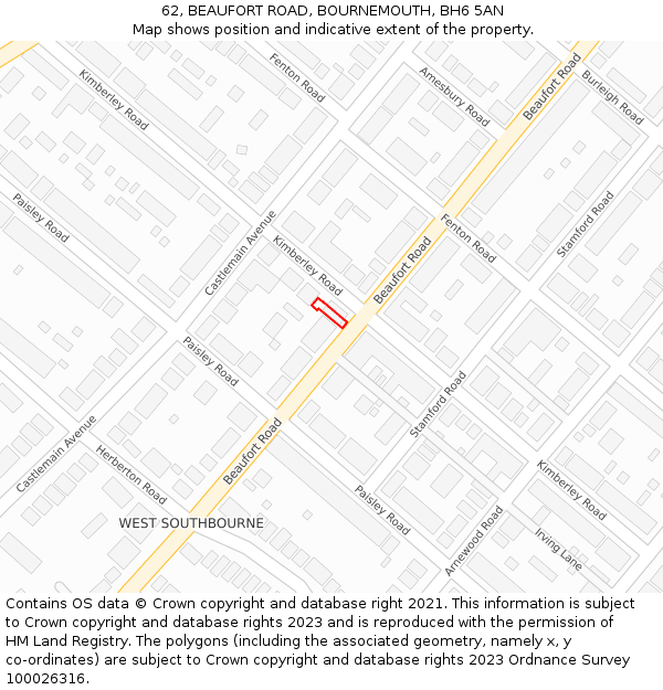 62, BEAUFORT ROAD, BOURNEMOUTH, BH6 5AN: Location map and indicative extent of plot