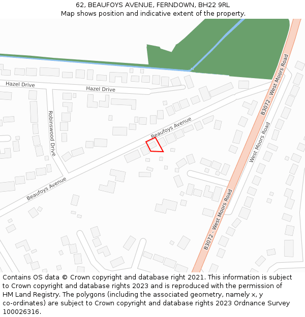 62, BEAUFOYS AVENUE, FERNDOWN, BH22 9RL: Location map and indicative extent of plot