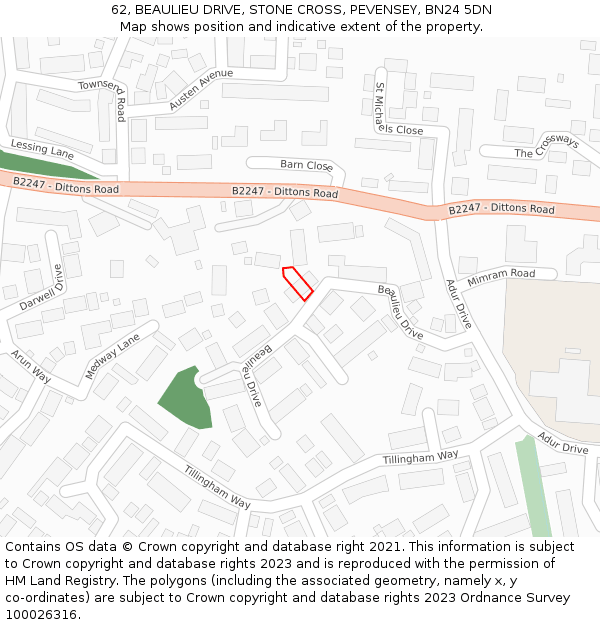 62, BEAULIEU DRIVE, STONE CROSS, PEVENSEY, BN24 5DN: Location map and indicative extent of plot