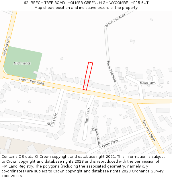 62, BEECH TREE ROAD, HOLMER GREEN, HIGH WYCOMBE, HP15 6UT: Location map and indicative extent of plot