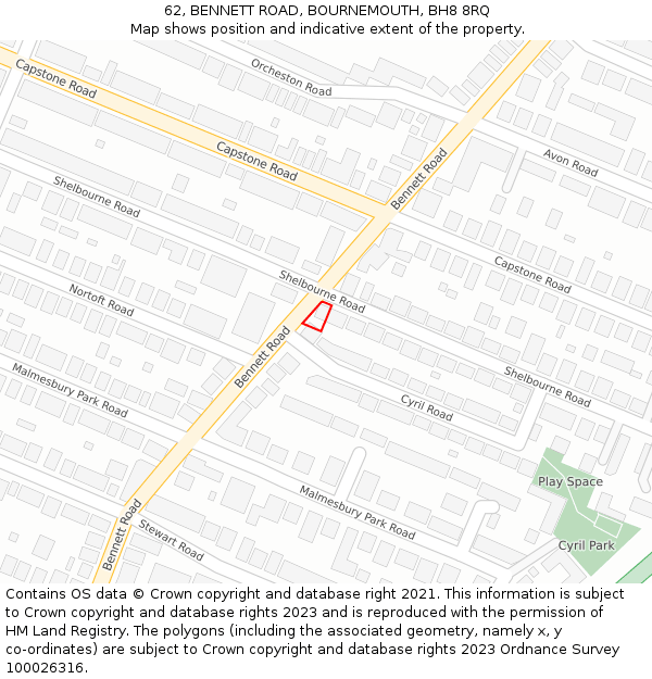 62, BENNETT ROAD, BOURNEMOUTH, BH8 8RQ: Location map and indicative extent of plot