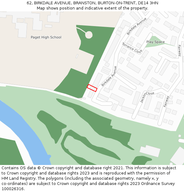 62, BIRKDALE AVENUE, BRANSTON, BURTON-ON-TRENT, DE14 3HN: Location map and indicative extent of plot