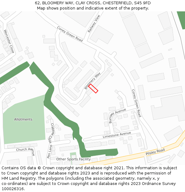 62, BLOOMERY WAY, CLAY CROSS, CHESTERFIELD, S45 9FD: Location map and indicative extent of plot