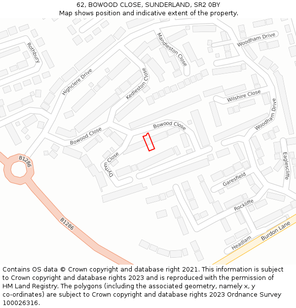 62, BOWOOD CLOSE, SUNDERLAND, SR2 0BY: Location map and indicative extent of plot